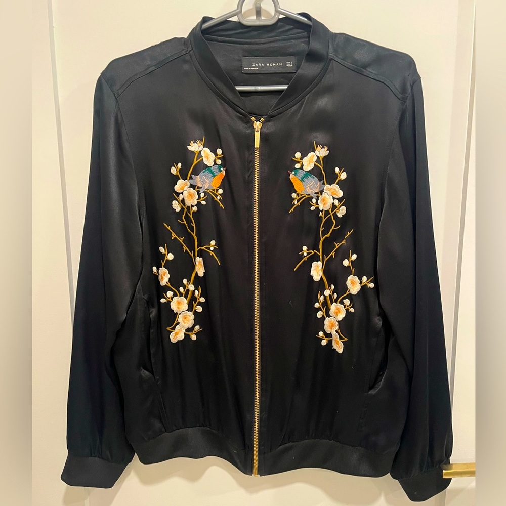 Womens Zara black sick bomber with flower embroidery size small